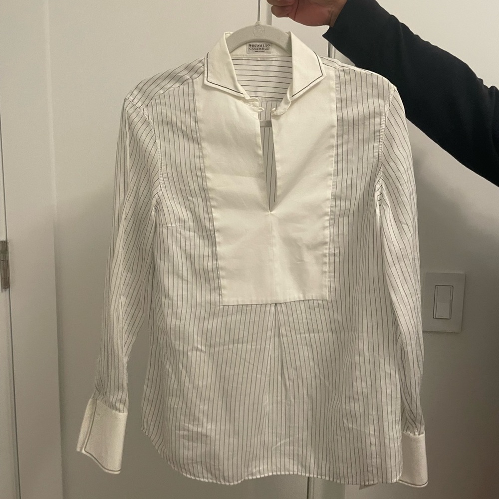 Brunello Cucinelli Silk-Cotton Pinstripe Blouse W/SparklyBeading
